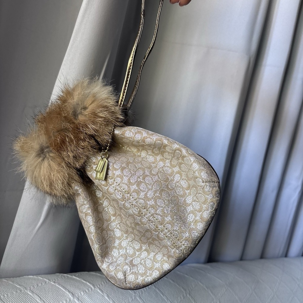 Vtg Coach Gold Signature Monogram Rabbit Fur Pouch Bag Fairycore Drawstring - Picture 2 of 7